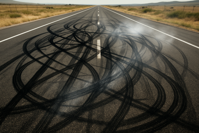 Long road with burnout marks